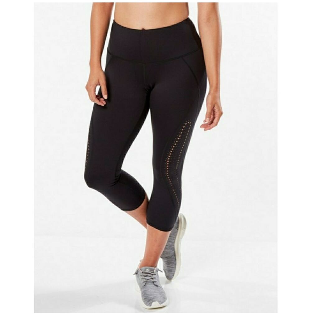 Ruby Ribbon Leggings Womens Small Black Laser Cut Cropped Athletic Capri Active